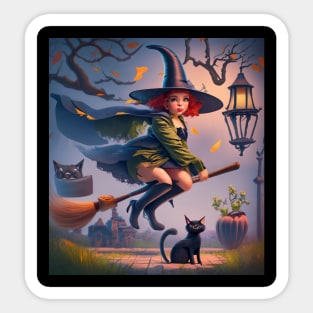 funny witch with a black cat Sticker